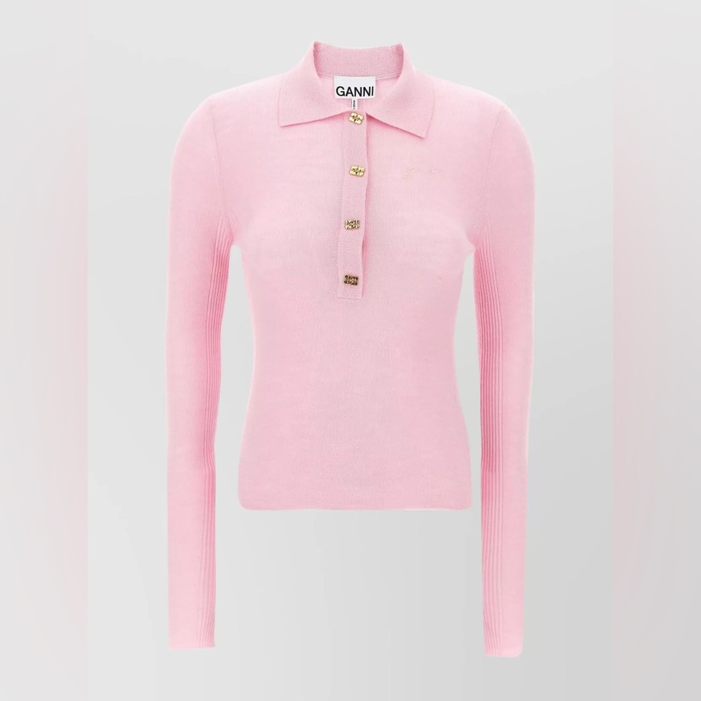 Ganni Pink Knit Longsleeve Polo - size small